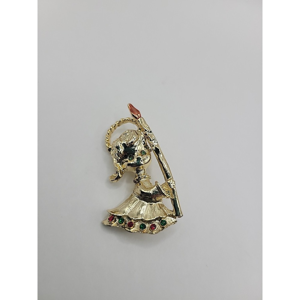 Vintage Christmas Girl Holding Candle Brooch Gold Tone Red Green Rhinestone Pin